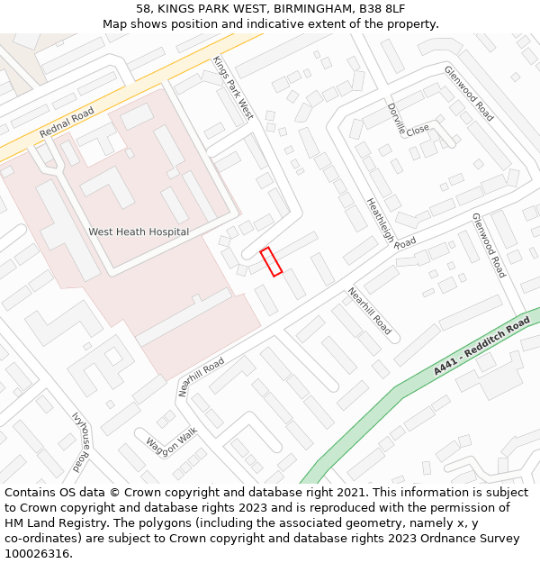 58, KINGS PARK WEST, BIRMINGHAM, B38 8LF: Location map and indicative extent of plot