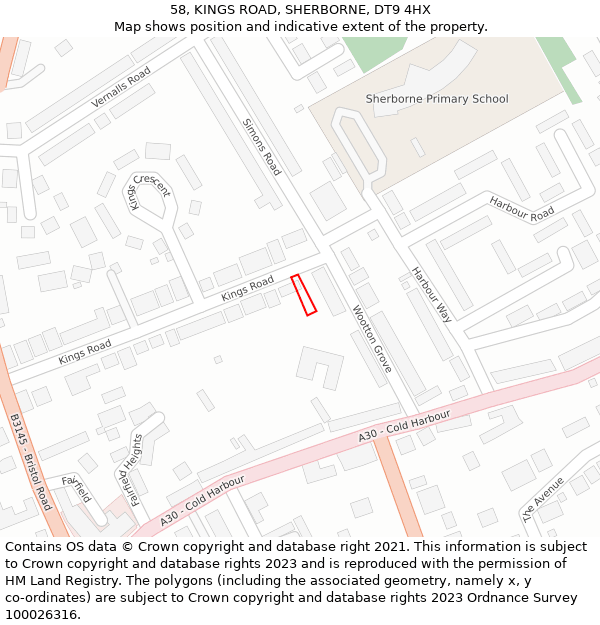 58, KINGS ROAD, SHERBORNE, DT9 4HX: Location map and indicative extent of plot