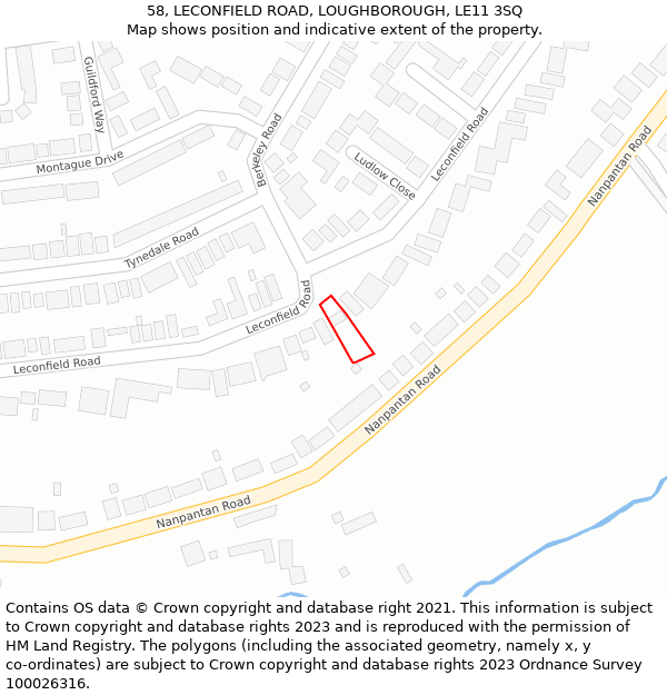 58, LECONFIELD ROAD, LOUGHBOROUGH, LE11 3SQ: Location map and indicative extent of plot