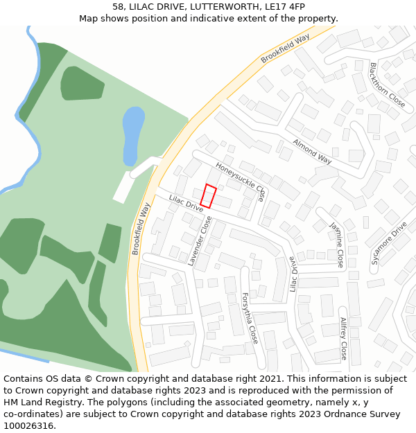 58, LILAC DRIVE, LUTTERWORTH, LE17 4FP: Location map and indicative extent of plot