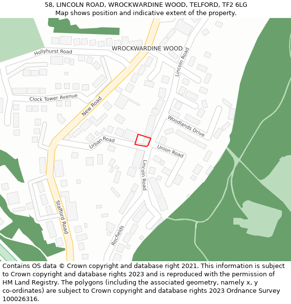 58, LINCOLN ROAD, WROCKWARDINE WOOD, TELFORD, TF2 6LG: Location map and indicative extent of plot