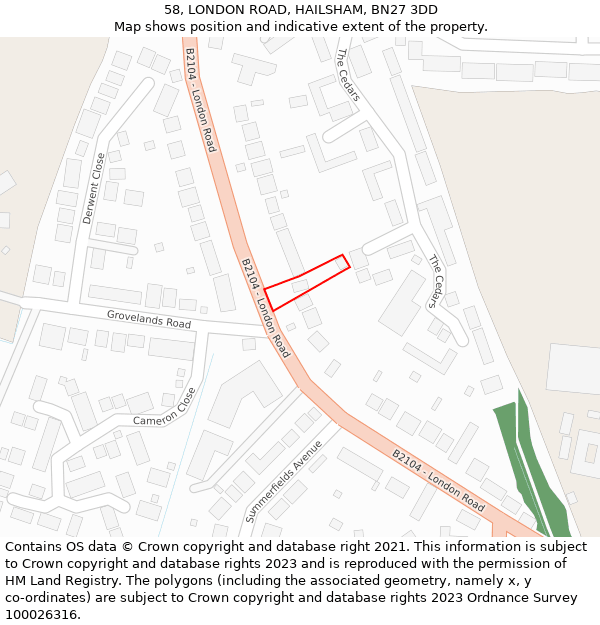 58, LONDON ROAD, HAILSHAM, BN27 3DD: Location map and indicative extent of plot