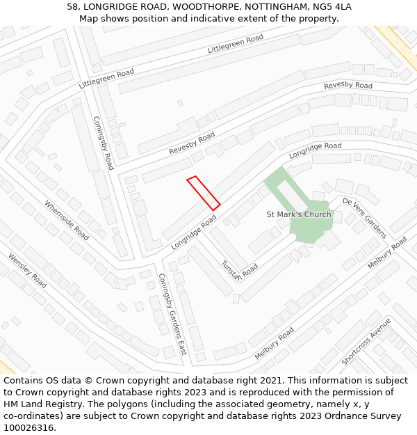 58, LONGRIDGE ROAD, WOODTHORPE, NOTTINGHAM, NG5 4LA: Location map and indicative extent of plot