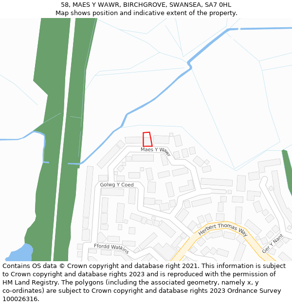 58, MAES Y WAWR, BIRCHGROVE, SWANSEA, SA7 0HL: Location map and indicative extent of plot