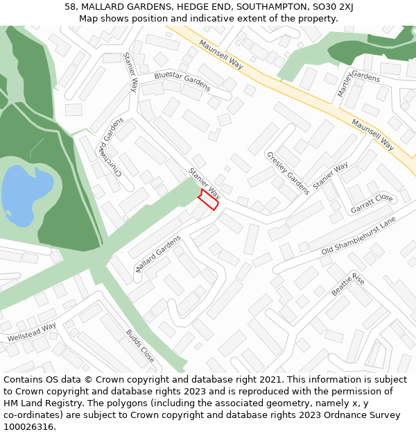 58, MALLARD GARDENS, HEDGE END, SOUTHAMPTON, SO30 2XJ: Location map and indicative extent of plot