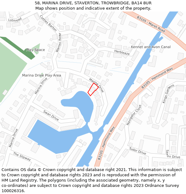 58, MARINA DRIVE, STAVERTON, TROWBRIDGE, BA14 8UR: Location map and indicative extent of plot