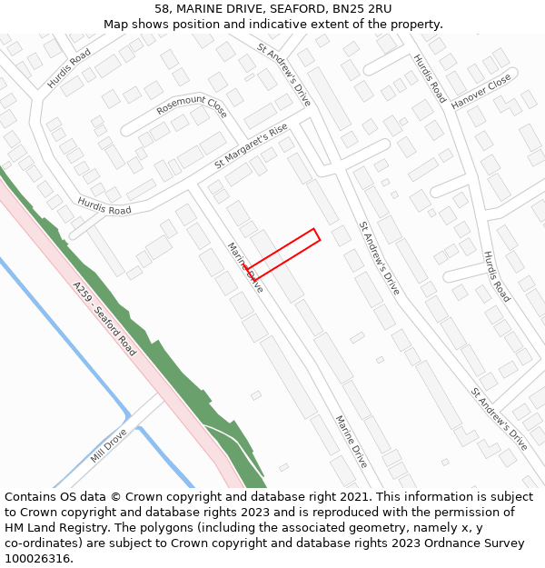 58, MARINE DRIVE, SEAFORD, BN25 2RU: Location map and indicative extent of plot