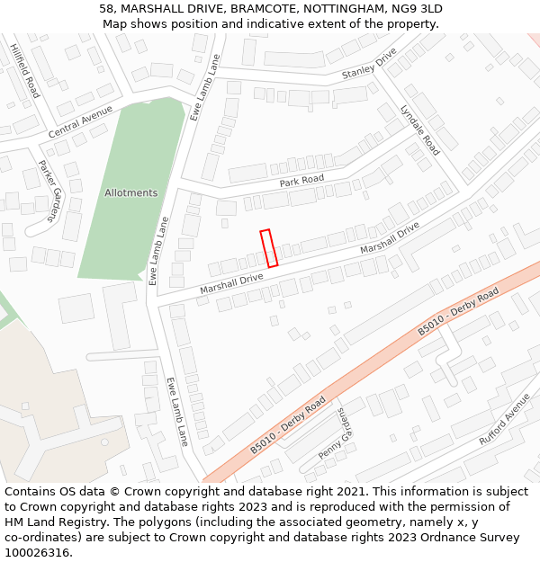 58, MARSHALL DRIVE, BRAMCOTE, NOTTINGHAM, NG9 3LD: Location map and indicative extent of plot