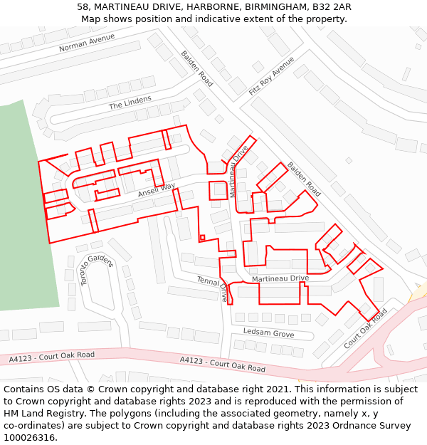58, MARTINEAU DRIVE, HARBORNE, BIRMINGHAM, B32 2AR: Location map and indicative extent of plot