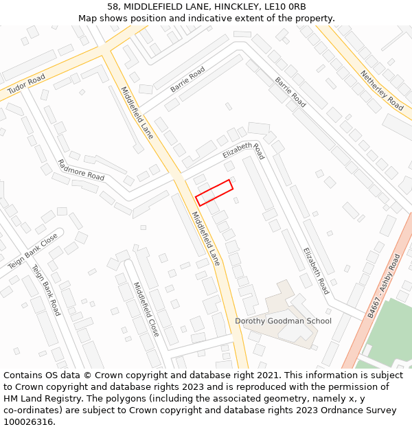 58, MIDDLEFIELD LANE, HINCKLEY, LE10 0RB: Location map and indicative extent of plot