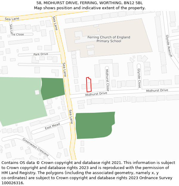 58, MIDHURST DRIVE, FERRING, WORTHING, BN12 5BL: Location map and indicative extent of plot