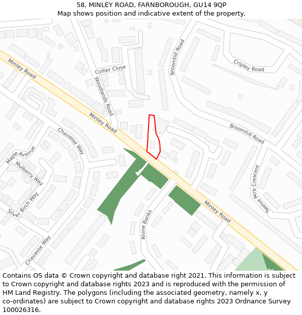 58, MINLEY ROAD, FARNBOROUGH, GU14 9QP: Location map and indicative extent of plot