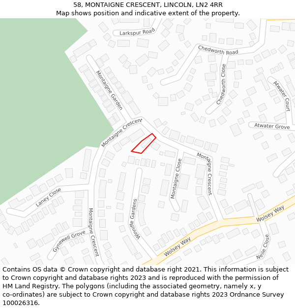 58, MONTAIGNE CRESCENT, LINCOLN, LN2 4RR: Location map and indicative extent of plot
