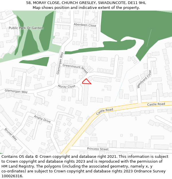 58, MORAY CLOSE, CHURCH GRESLEY, SWADLINCOTE, DE11 9HL: Location map and indicative extent of plot