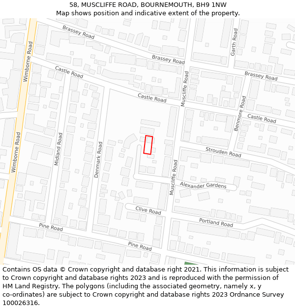 58, MUSCLIFFE ROAD, BOURNEMOUTH, BH9 1NW: Location map and indicative extent of plot