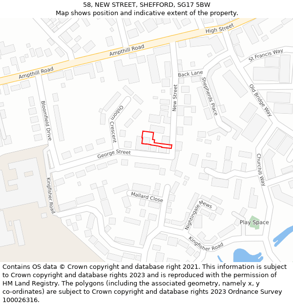 58, NEW STREET, SHEFFORD, SG17 5BW: Location map and indicative extent of plot