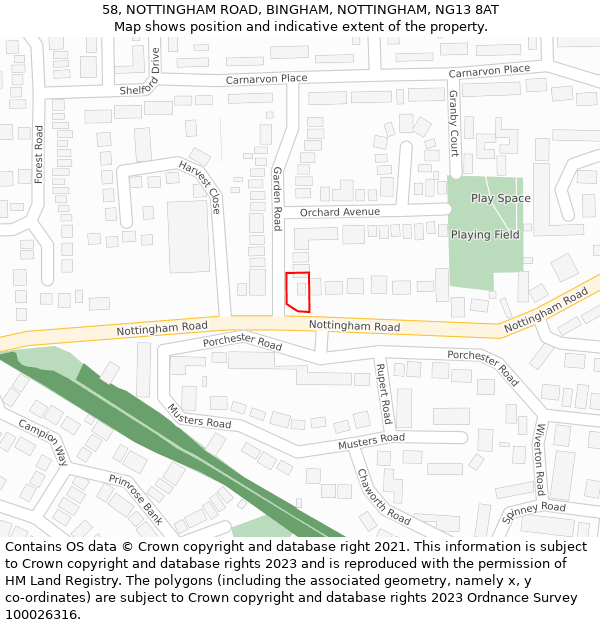 58, NOTTINGHAM ROAD, BINGHAM, NOTTINGHAM, NG13 8AT: Location map and indicative extent of plot