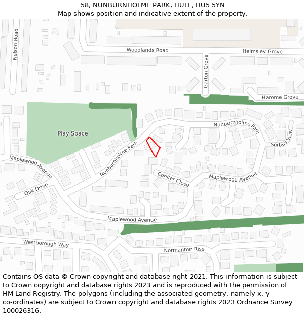 58, NUNBURNHOLME PARK, HULL, HU5 5YN: Location map and indicative extent of plot