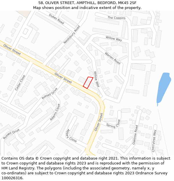 58, OLIVER STREET, AMPTHILL, BEDFORD, MK45 2SF: Location map and indicative extent of plot