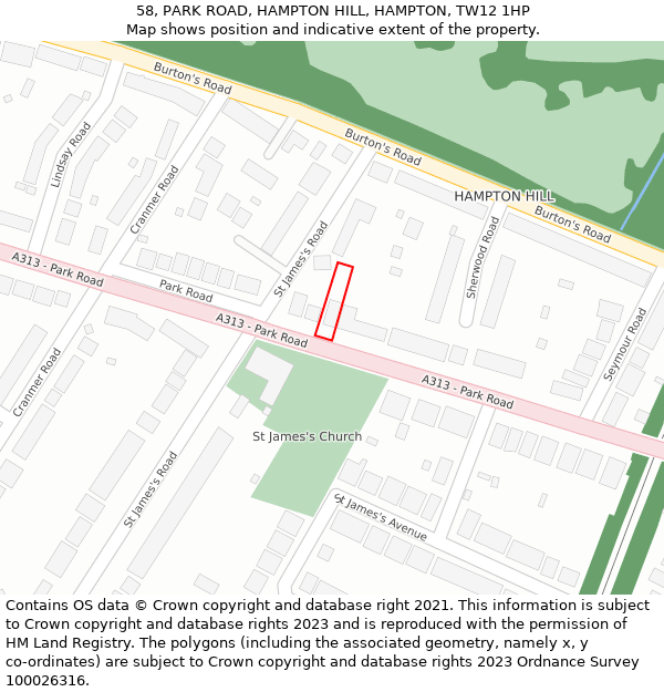 58, PARK ROAD, HAMPTON HILL, HAMPTON, TW12 1HP: Location map and indicative extent of plot