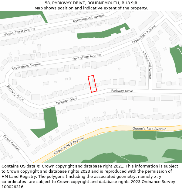 58, PARKWAY DRIVE, BOURNEMOUTH, BH8 9JR: Location map and indicative extent of plot