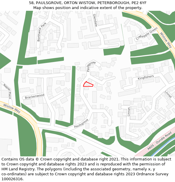 58, PAULSGROVE, ORTON WISTOW, PETERBOROUGH, PE2 6YF: Location map and indicative extent of plot
