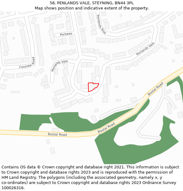 58, PENLANDS VALE, STEYNING, BN44 3PL: Location map and indicative extent of plot