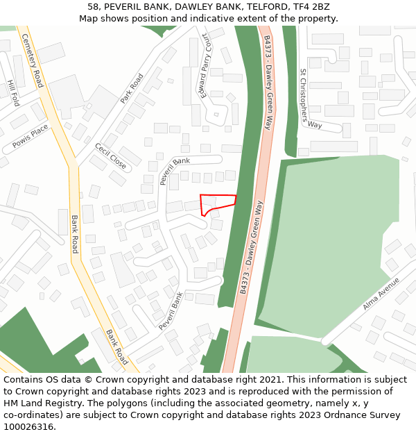 58, PEVERIL BANK, DAWLEY BANK, TELFORD, TF4 2BZ: Location map and indicative extent of plot