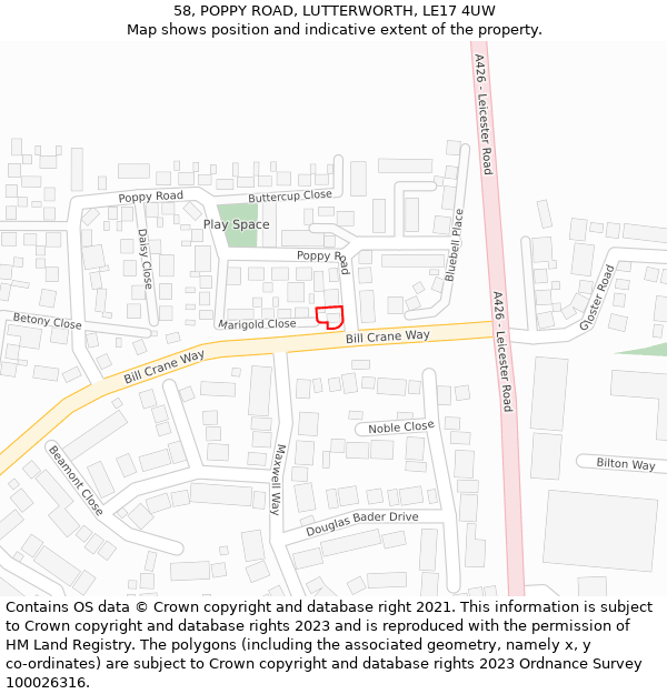 58, POPPY ROAD, LUTTERWORTH, LE17 4UW: Location map and indicative extent of plot