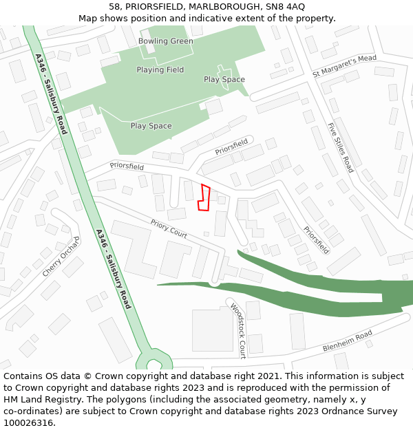 58, PRIORSFIELD, MARLBOROUGH, SN8 4AQ: Location map and indicative extent of plot