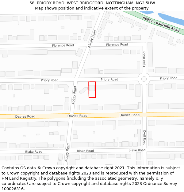 58, PRIORY ROAD, WEST BRIDGFORD, NOTTINGHAM, NG2 5HW: Location map and indicative extent of plot