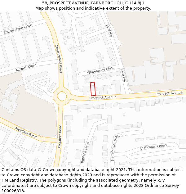 58, PROSPECT AVENUE, FARNBOROUGH, GU14 8JU: Location map and indicative extent of plot