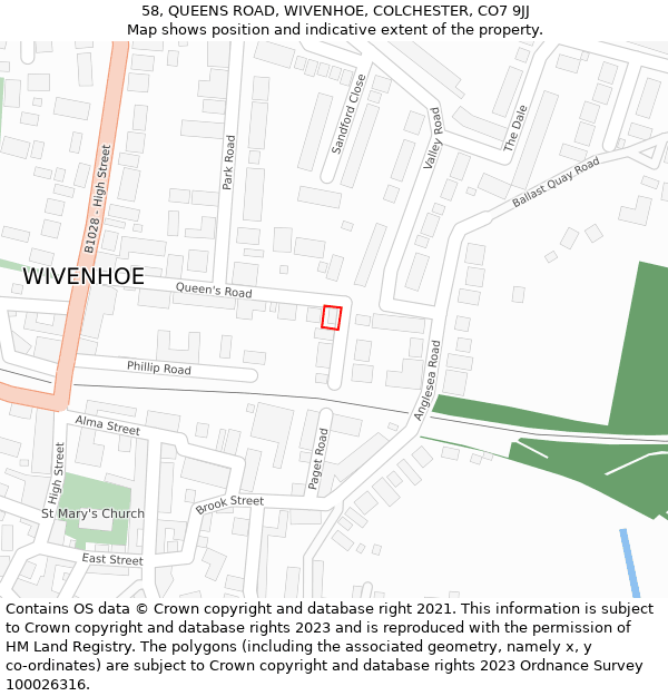 58, QUEENS ROAD, WIVENHOE, COLCHESTER, CO7 9JJ: Location map and indicative extent of plot