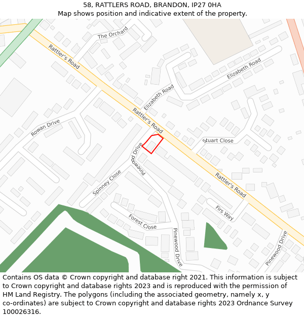 58, RATTLERS ROAD, BRANDON, IP27 0HA: Location map and indicative extent of plot