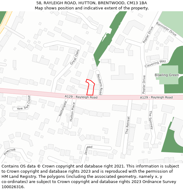 58, RAYLEIGH ROAD, HUTTON, BRENTWOOD, CM13 1BA: Location map and indicative extent of plot