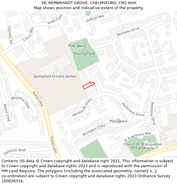 58, REMBRANDT GROVE, CHELMSFORD, CM1 6GH: Location map and indicative extent of plot