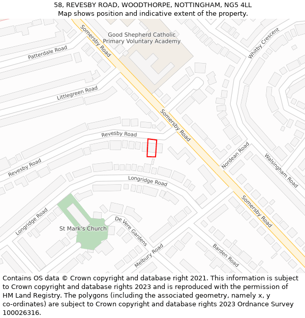 58, REVESBY ROAD, WOODTHORPE, NOTTINGHAM, NG5 4LL: Location map and indicative extent of plot