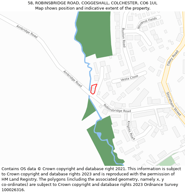 58, ROBINSBRIDGE ROAD, COGGESHALL, COLCHESTER, CO6 1UL: Location map and indicative extent of plot