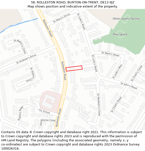 58, ROLLESTON ROAD, BURTON-ON-TRENT, DE13 0JZ: Location map and indicative extent of plot