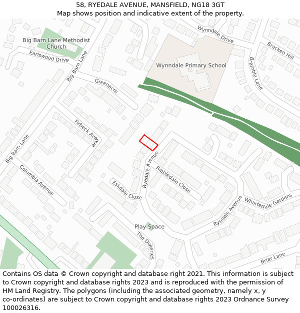 58, RYEDALE AVENUE, MANSFIELD, NG18 3GT: Location map and indicative extent of plot