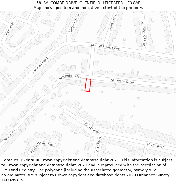 58, SALCOMBE DRIVE, GLENFIELD, LEICESTER, LE3 8AF: Location map and indicative extent of plot