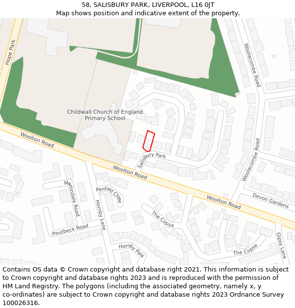 58, SALISBURY PARK, LIVERPOOL, L16 0JT: Location map and indicative extent of plot