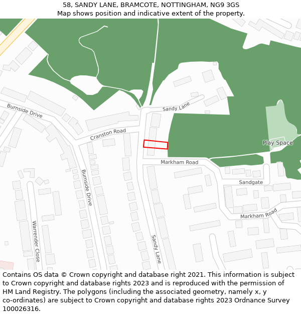 58, SANDY LANE, BRAMCOTE, NOTTINGHAM, NG9 3GS: Location map and indicative extent of plot