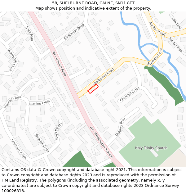 58, SHELBURNE ROAD, CALNE, SN11 8ET: Location map and indicative extent of plot