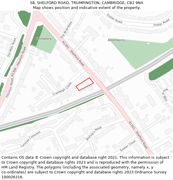 58, SHELFORD ROAD, TRUMPINGTON, CAMBRIDGE, CB2 9NA: Location map and indicative extent of plot