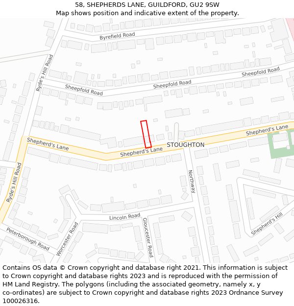 58, SHEPHERDS LANE, GUILDFORD, GU2 9SW: Location map and indicative extent of plot