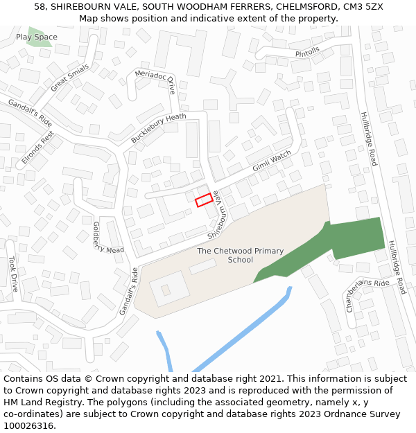 58, SHIREBOURN VALE, SOUTH WOODHAM FERRERS, CHELMSFORD, CM3 5ZX: Location map and indicative extent of plot