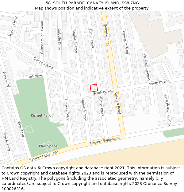 58, SOUTH PARADE, CANVEY ISLAND, SS8 7NG: Location map and indicative extent of plot