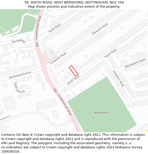 58, SOUTH ROAD, WEST BRIDGFORD, NOTTINGHAM, NG2 7AH: Location map and indicative extent of plot