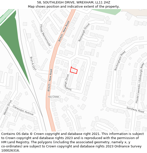 58, SOUTHLEIGH DRIVE, WREXHAM, LL11 2HZ: Location map and indicative extent of plot